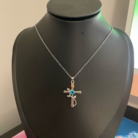 Jewelry - Stylish Silver Necklace with Blue and Gold Cross Pendant
